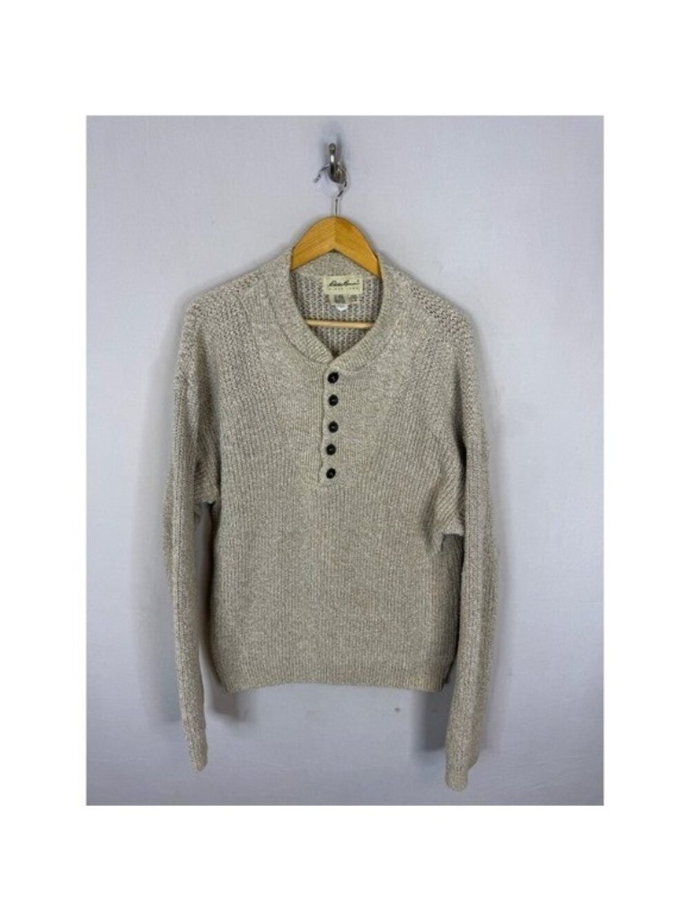 Eddie Bauer Vintage Mens Large Cotton Knit Henley Sweater Beige USA Cabin